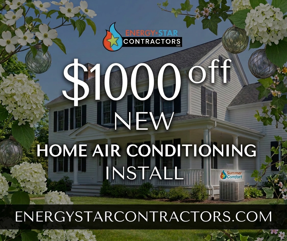 Summer home air conditioning discount offer $800 off new home air conditioning installation promotion from Energy Star Contractors with house and outdoor unit