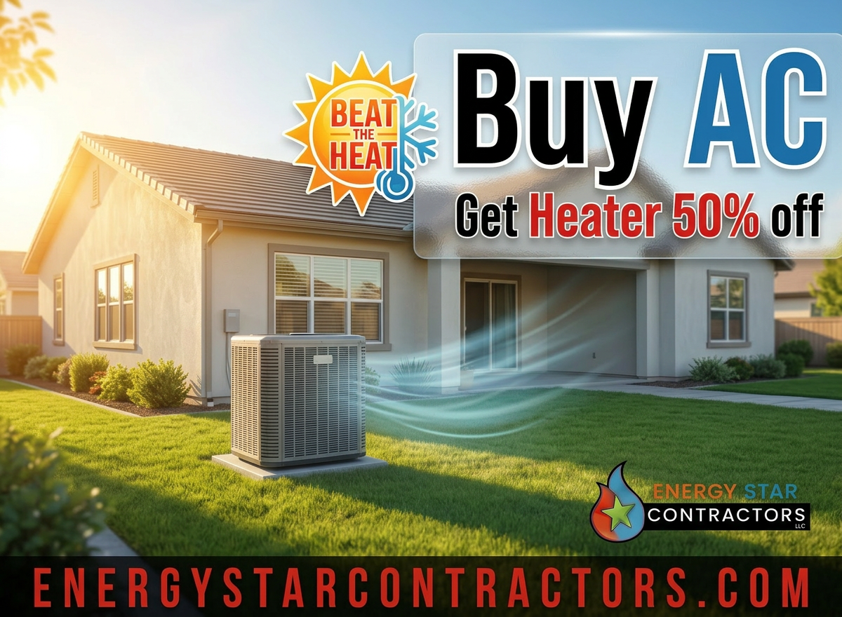 Energy efficient AC and heater sale Outdoor air conditioning unit beside a house with text offering 50% off heater with AC purchase
